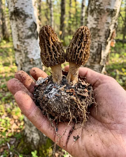 Two Morel Mushrooms Held in Hand