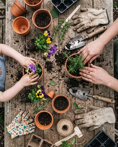 Mother and Child Potting Plants Flat Lay