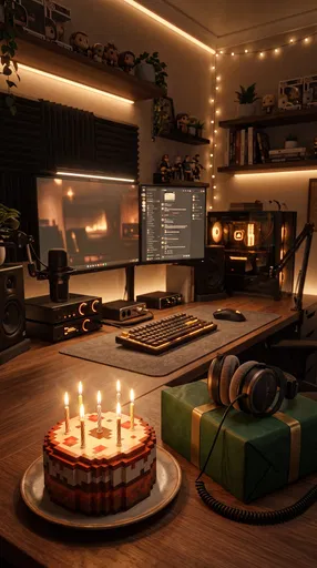 Gamer Desk Setup With Pixel Birthday Cake