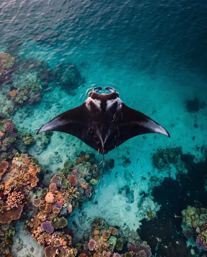 Aerial View of Manta Ray Over Coral