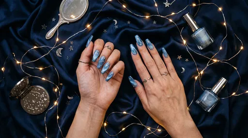Blue Celestial Manicure Flat Lay on Silk