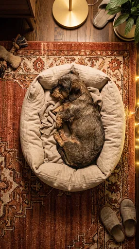 Wire-Haired Dachshund Sleeping in Dog Bed
