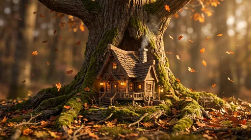 Miniature Wooden Cabin in Autumn Tree