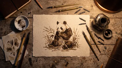 Sepia Ink Panda Drawing on Artist Desk