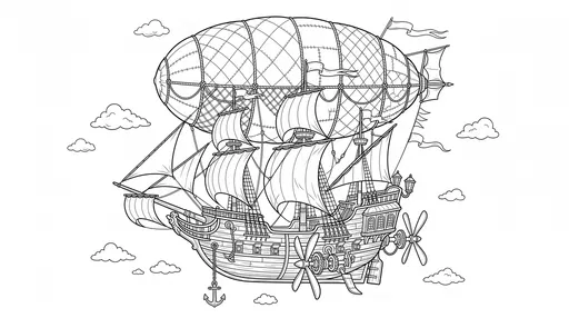 Fantasy Airship Coloring Book Page