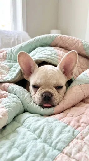 Sleepy French Bulldog Under Pastel Quilt