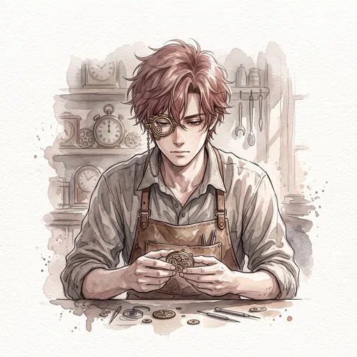 Watercolor Anime Clockmaker Repairing Pocket Watch
