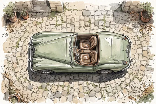Top-Down Watercolor Vintage Green Roadster