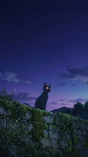 Black Cat on Mossy Wall at Twilight