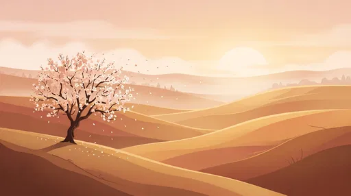 Blooming Tree On Golden Hills At Sunrise