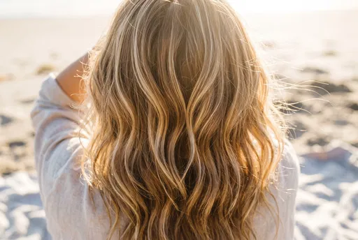 Woman with Sunlit Wavy Blonde Highlighted Hair