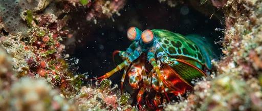 Peacock Mantis Shrimp in Coral Crevice