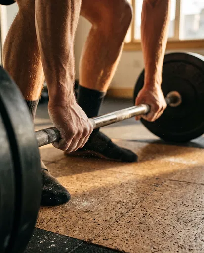 Chalked Hands Gripping Barbell for Deadlift