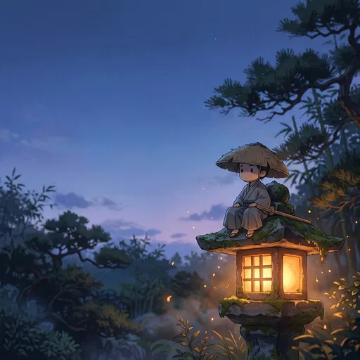 Chibi Samurai on Glowing Stone Lantern