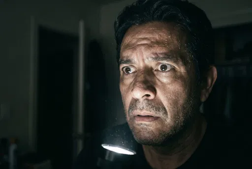 Frightened Man Illuminated by Flashlight at Night