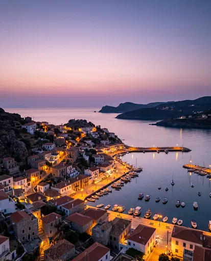 Mediterranean Coastal Village Harbor at Twilight