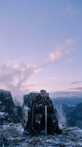 Crowned King on Mountain Throne at Twilight