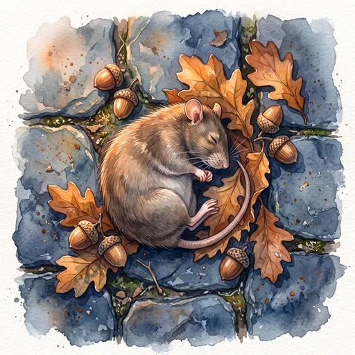 Watercolor Sleeping Rat on Autumn Flagstones