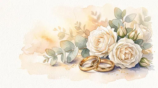 Watercolor Gold Wedding Rings and White Roses