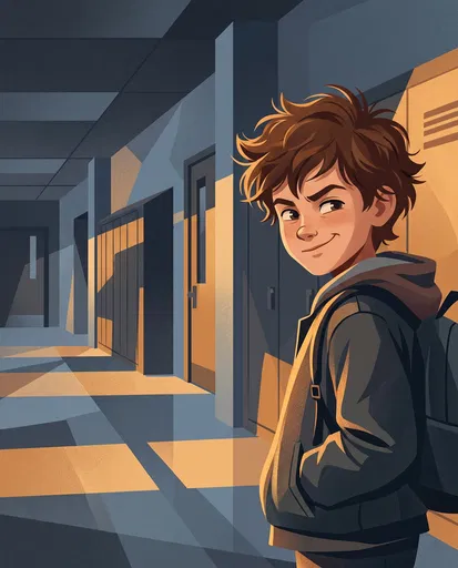 Boy Smirking in School Hallway Illustration