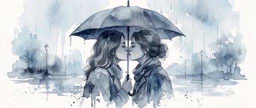 Watercolor of Women Kissing Under Umbrella