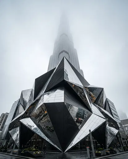 Futuristic Origami Skyscraper in Fog