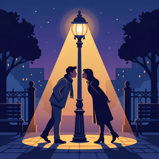 Couple Leaning to Kiss Under Streetlamp