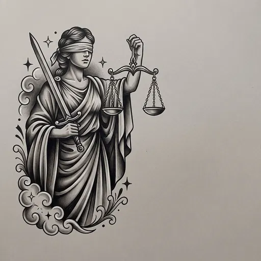 Monochrome Lady Justice Tattoo Illustration