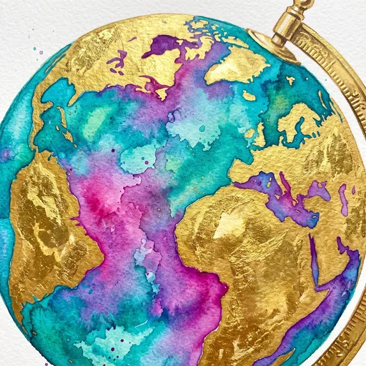 Watercolor and Gold Leaf World Globe