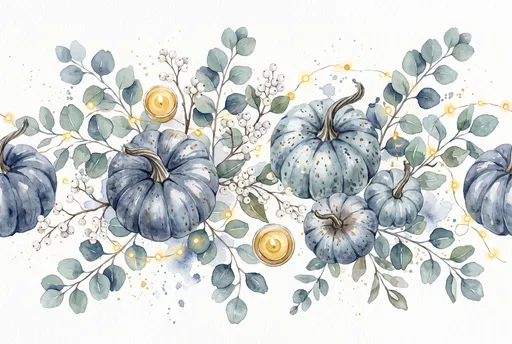 Watercolor Blue Pumpkins and Eucalyptus Garland