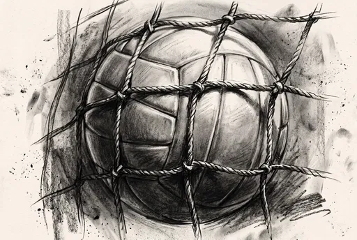 Charcoal Drawing of Volleyball in Net