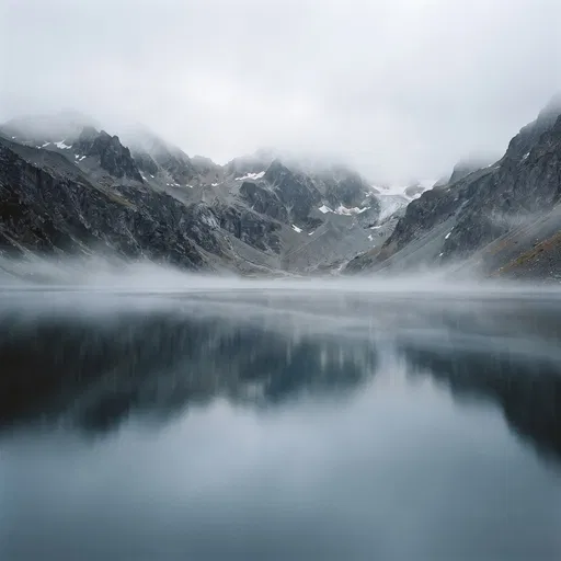 Misty Alpine Lake and Mountain Reflections