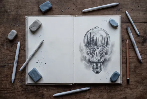 Sketchbook With Lightbulb Forest Drawing Flat Lay
