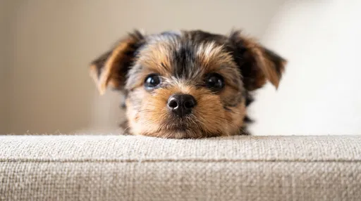 Yorkshire Terrier Puppy Peeking Over Sofa