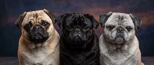 Studio Portrait of Three Pug Dogs