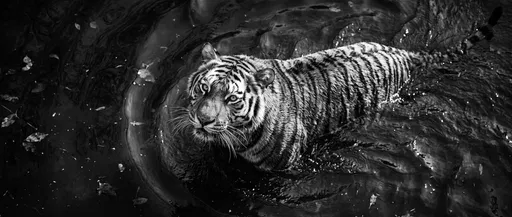 Monochrome Tiger Wading in Dark Water