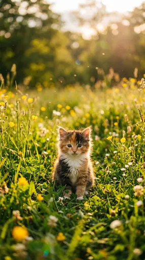 Calico Kitten in Sunny Wildflower Meadow