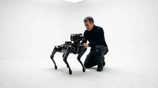 Engineer Crouching Beside Black Quadruped Robot