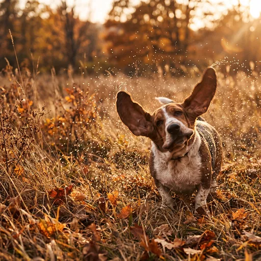 Basset Hound Shaking Water in Autumn