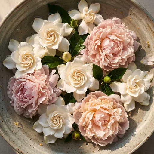 Floating Gardenias and Peonies in Ceramic Bowl