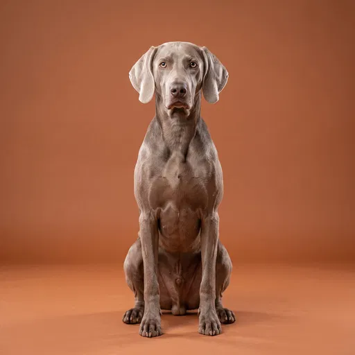 Weimaraner Dog Sitting on Terracotta Studio Backdrop
