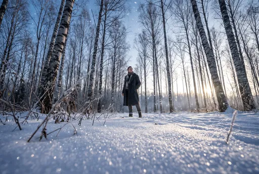 Man Standing in Snowy Birch Forest