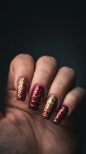 Red and Gold Crocodile Textured Nail Art