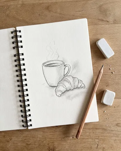 Pencil Sketch of Coffee and Croissant