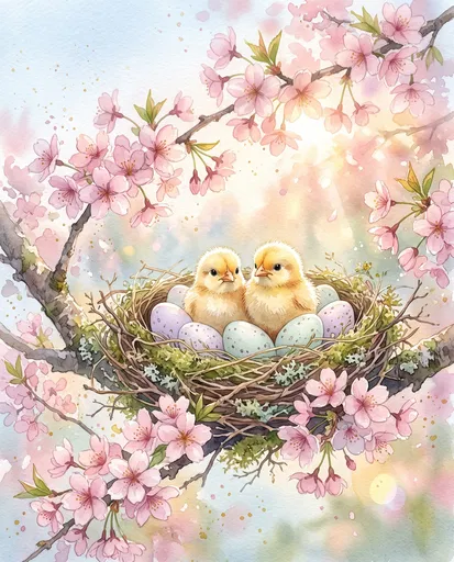 Watercolor Easter Chicks in Blossom Nest