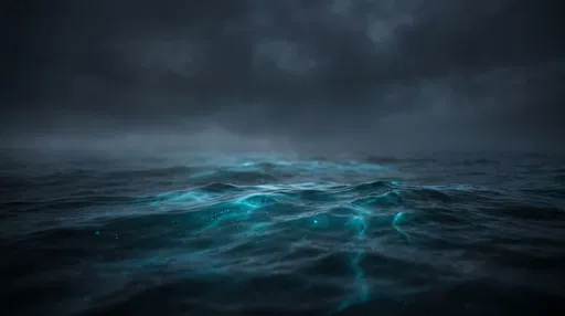 Bioluminescent Ocean Swells Under Night Sky
