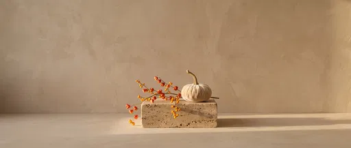 Velvet Pumpkin on Travertine Stone Plinth
