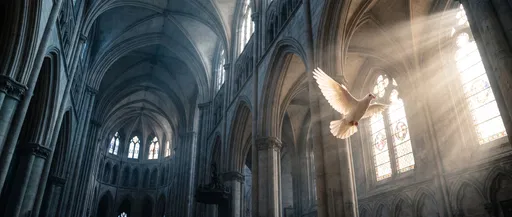 White Dove Flying in Sunlit Cathedral