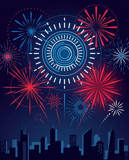 Geometric Fireworks Above City Skyline