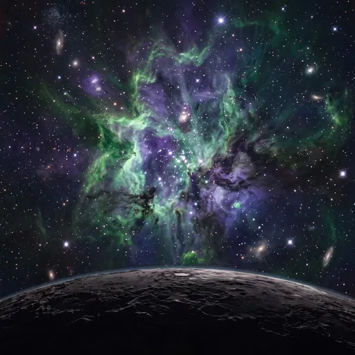 Emerald and Violet Nebula Above Rocky Planet